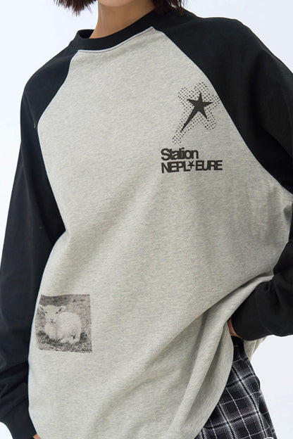 フィットスリーブルーズプリントロングTシャツ コリジョン