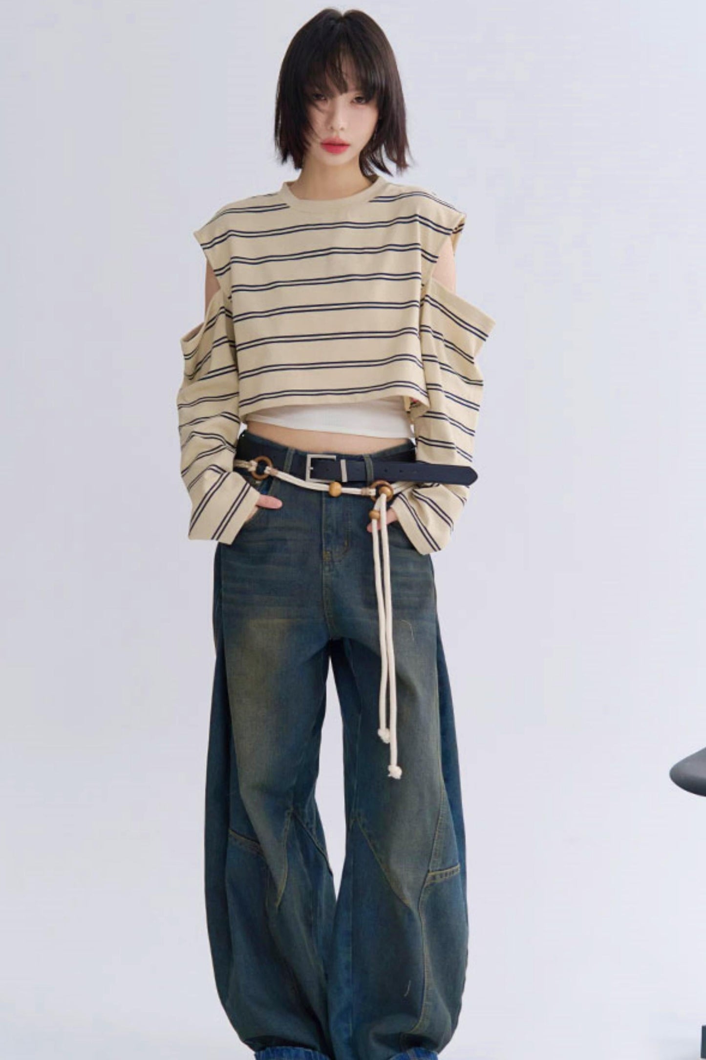 カジュアルスリーブロングTシャツストライプ