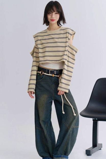 カジュアルスリーブロングTシャツストライプ