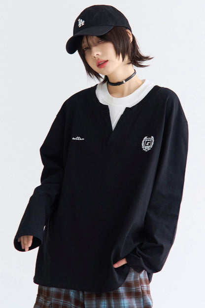 襟付きカラーブロック長袖シャツ