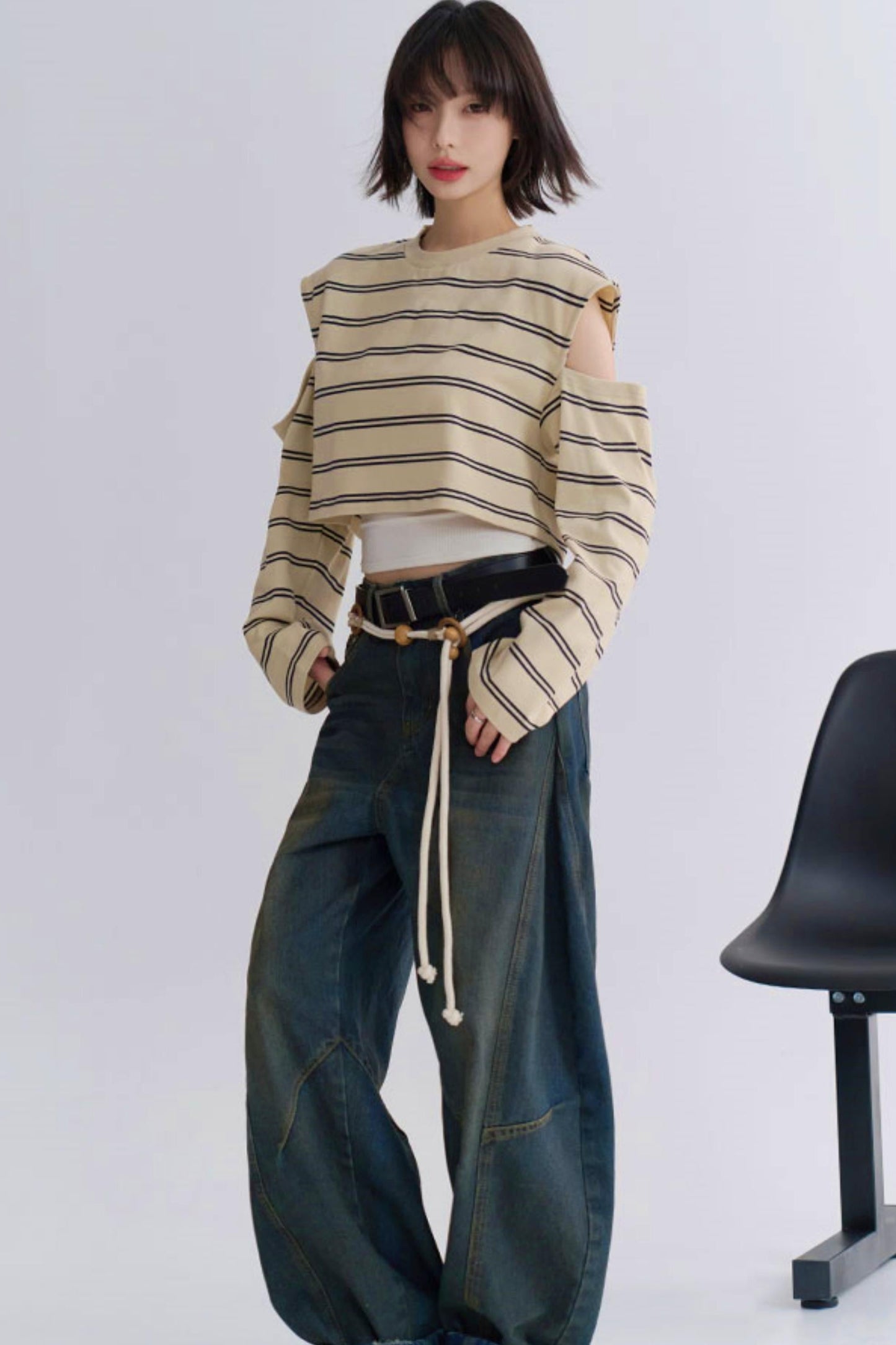 カジュアルスリーブロングTシャツストライプ