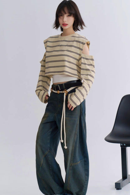 カジュアルスリーブロングTシャツストライプ