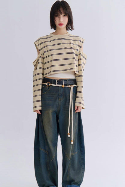 カジュアルスリーブロングTシャツストライプ