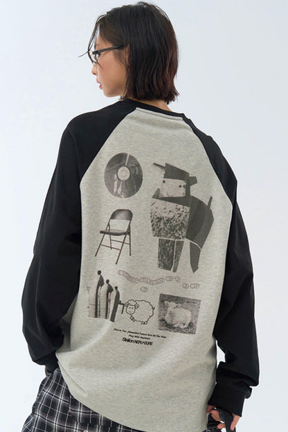 フィットスリーブルーズプリントロングTシャツ コリジョン