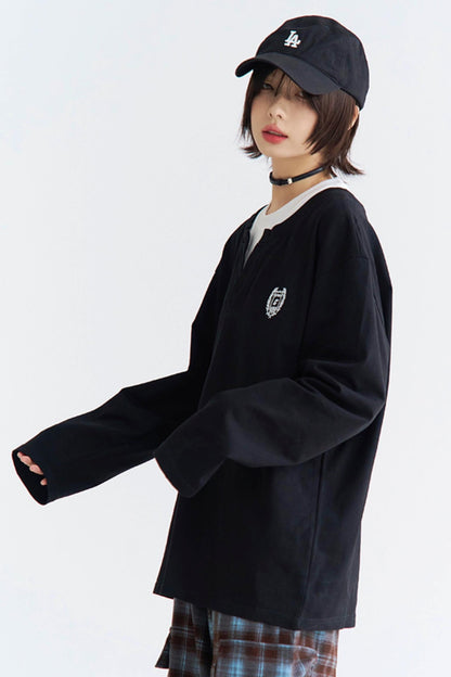 襟付きカラーブロック長袖シャツ