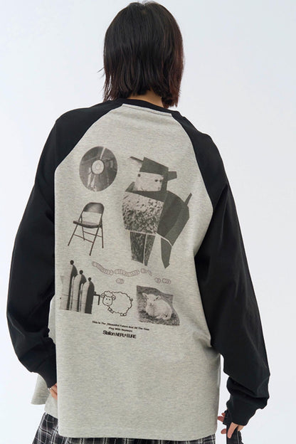 フィットスリーブルーズプリントロングTシャツ コリジョン