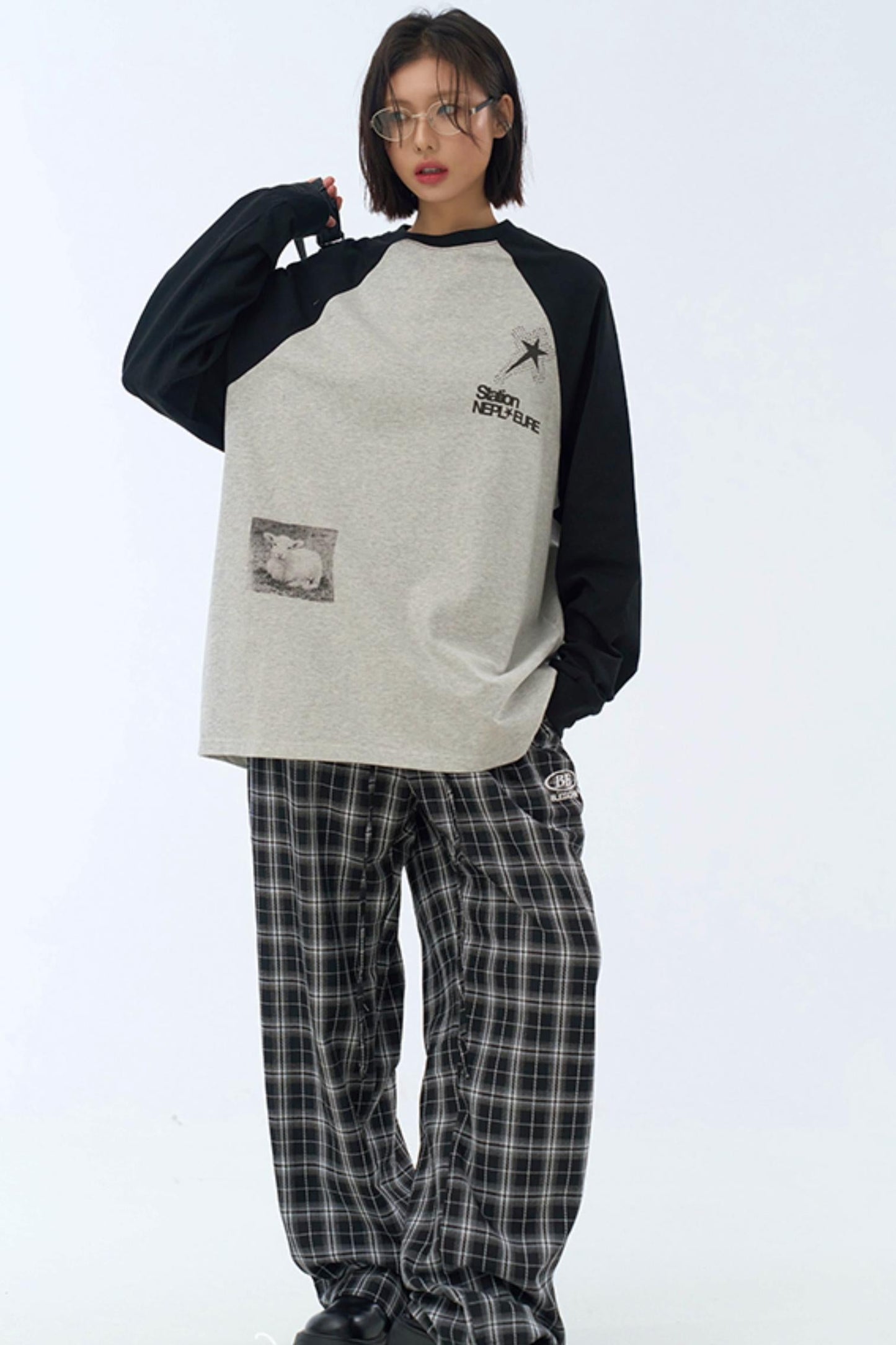 フィットスリーブルーズプリントロングTシャツ コリジョン