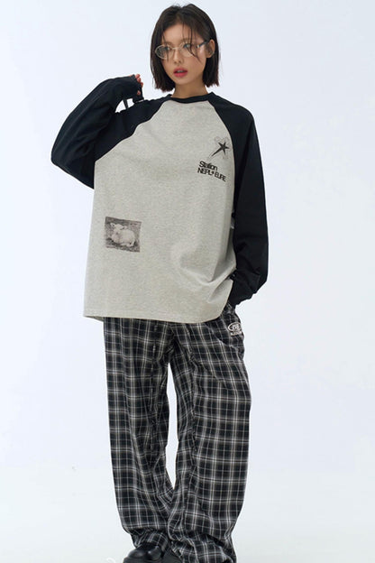 フィットスリーブルーズプリントロングTシャツ コリジョン