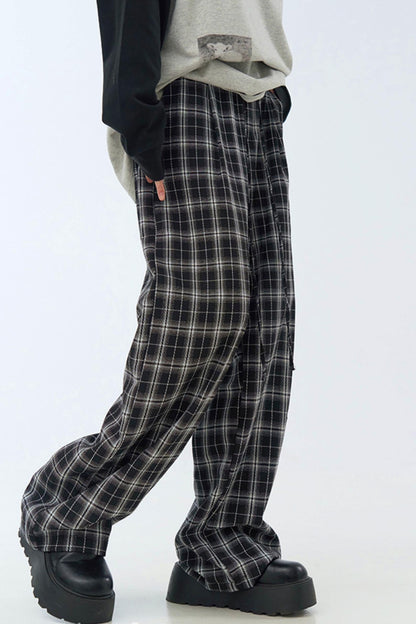 チェック柄ワイドレッグカジュアルパンツ