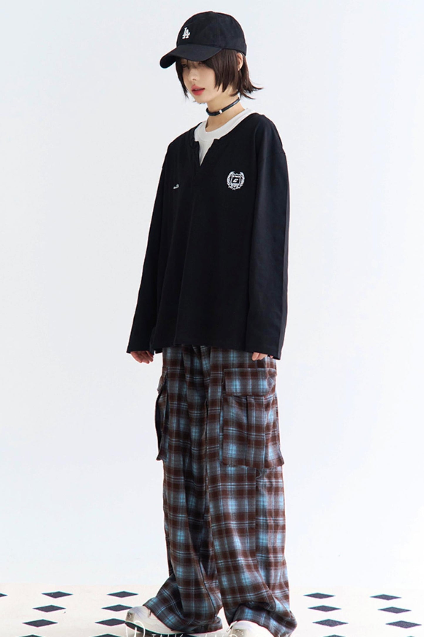 襟付きカラーブロック長袖シャツ