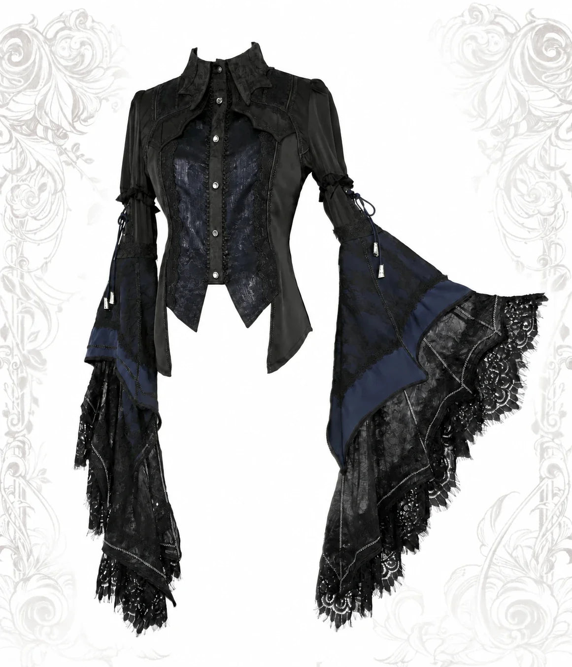 Batwing V3 blue Gothic blouse with lace hime sleeves by Arca et Osis