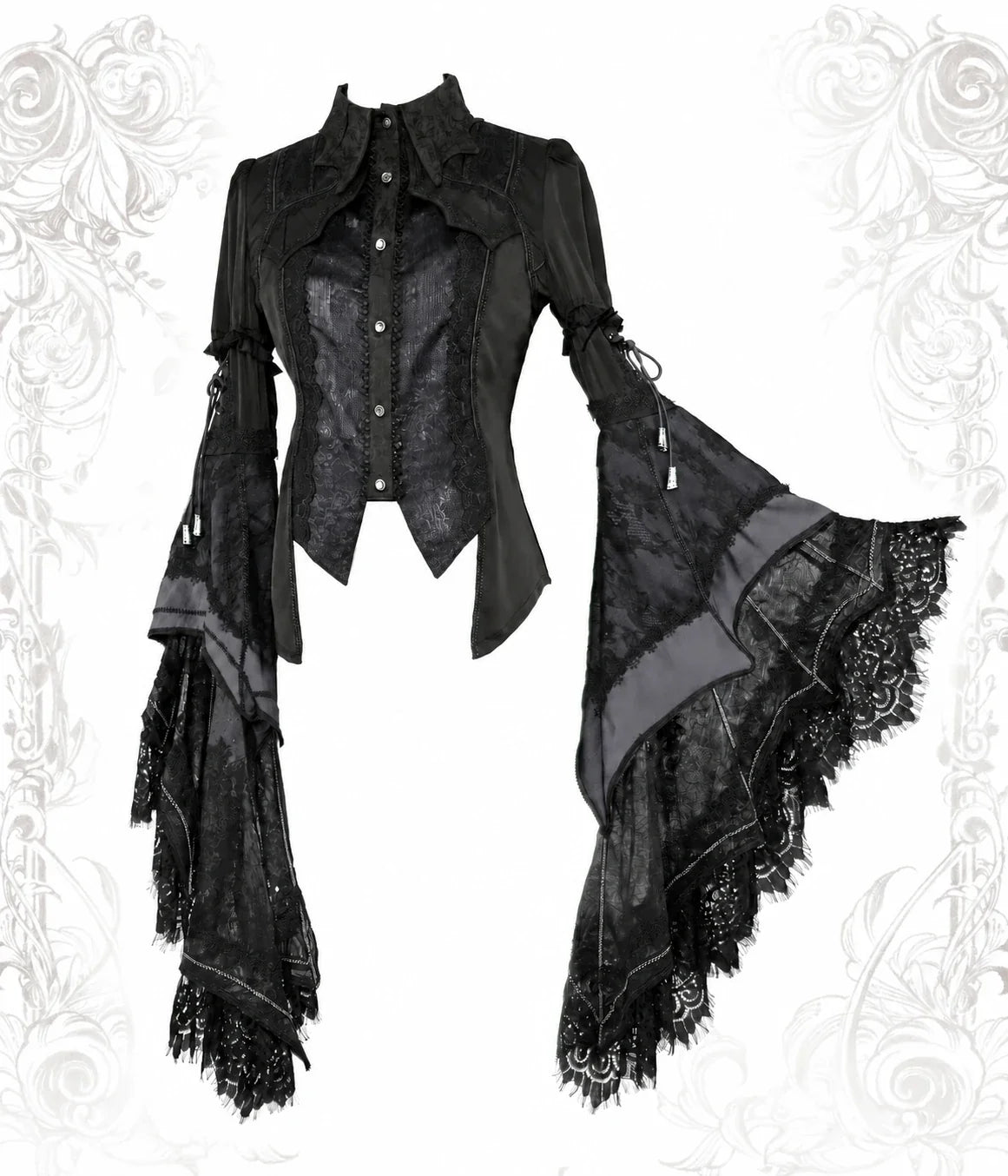 Batwing V3 dark-silver-gray Gothic blouse with lace hime sleeves by Arca et Osis