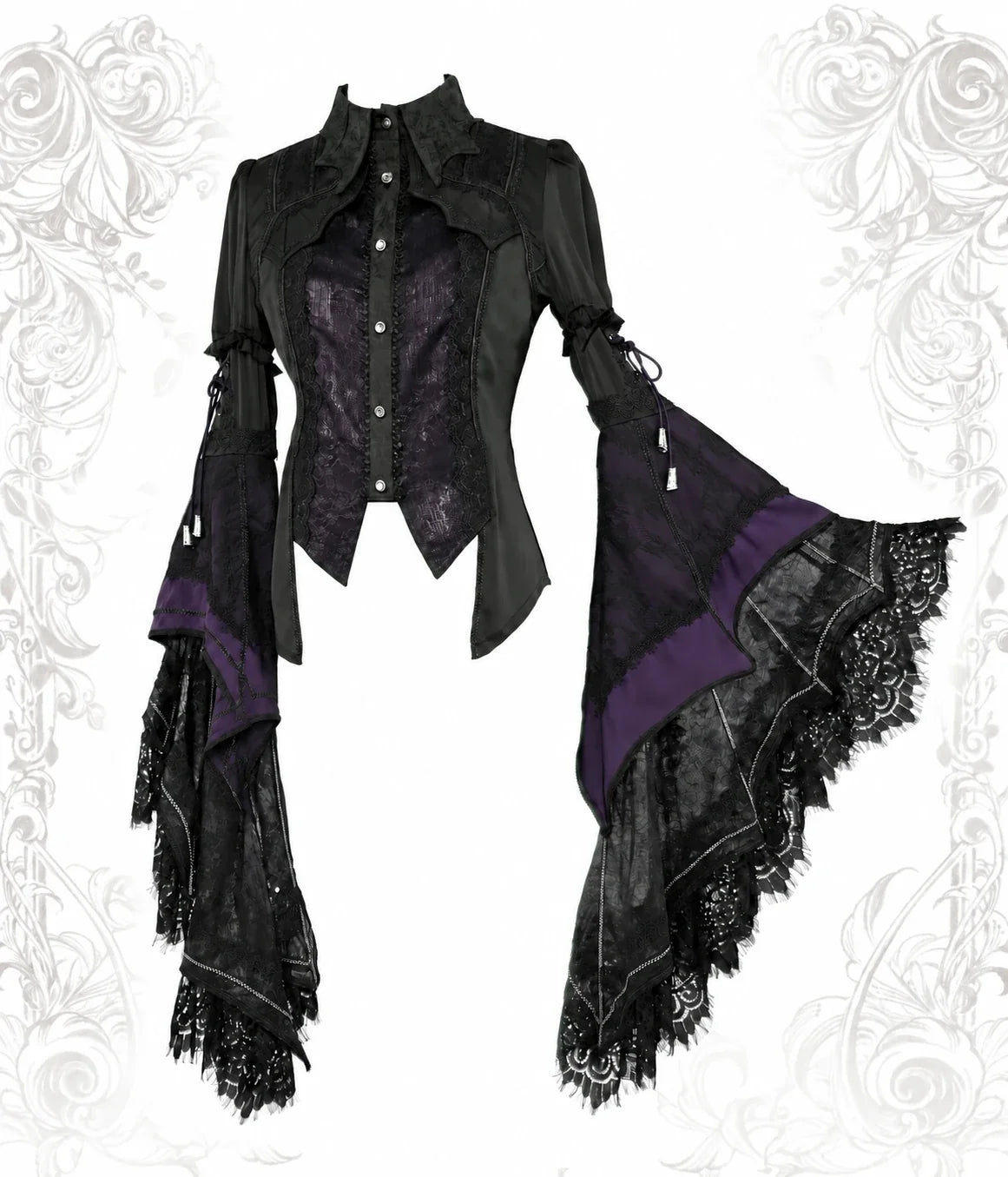 Batwing V3 purple Gothic blouse with lace hime sleeves by Arca et Osis
