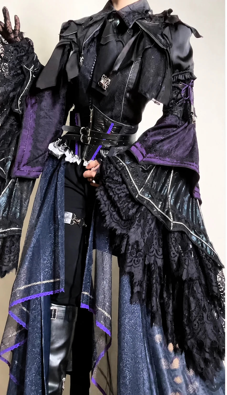 Purple Batwing V3 hime-sleeve blouse styled with separate waist cincher, neck accessories and skirt