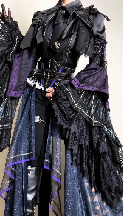 Purple Batwing V3 hime-sleeve blouse styled with separate waist cincher, neck accessories and skirt