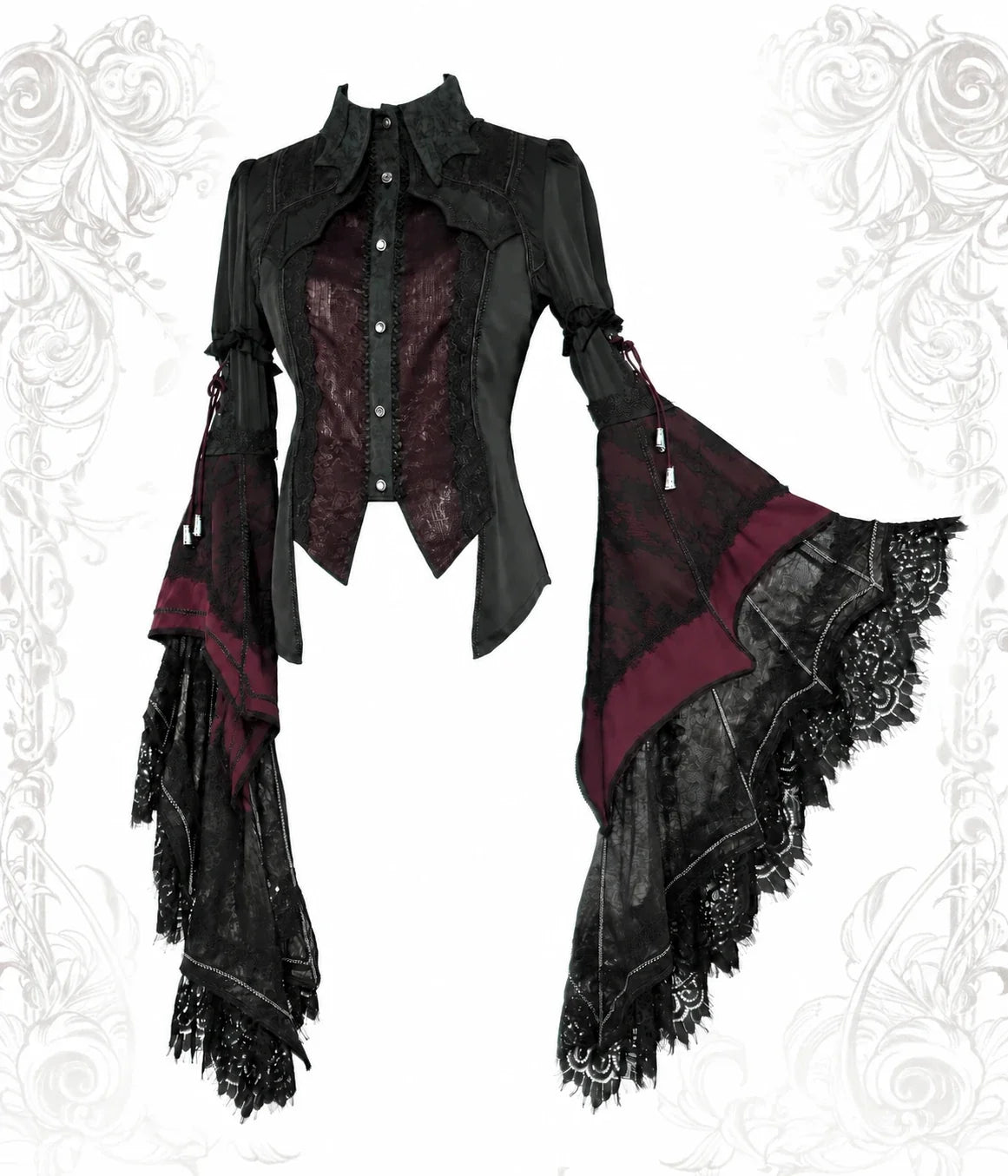 Batwing V3 red Gothic blouse with lace hime sleeves by Arca et Osis
