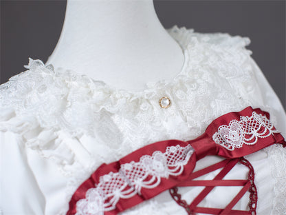 Weiß und Weinrot Schnürung Schleife Akzente Spitzenbesatz Süßes Prinzessinnenkleid Lolita Pulloverrock