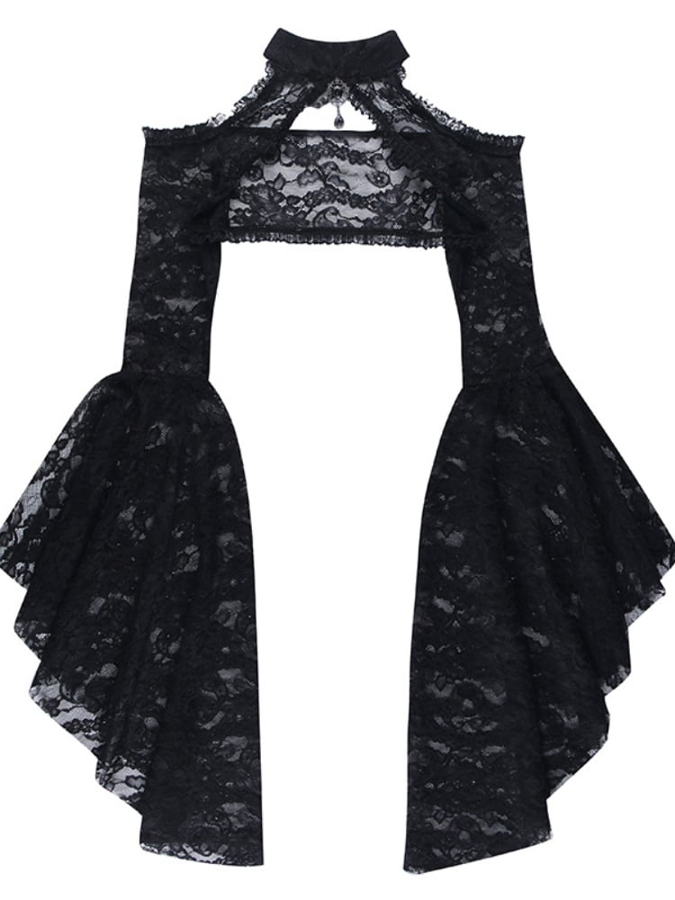 Gothic Black Banded Collar Bell Sleeves Lace Shrug