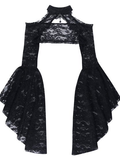 Gothic Black Banded Collar Bell Sleeves Lace Shrug