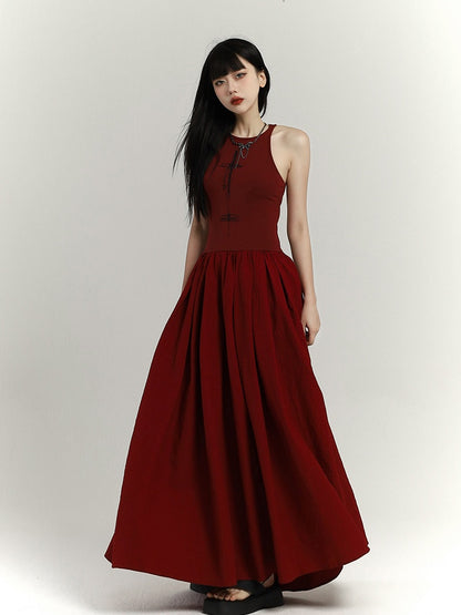 Gothic Wine Red High Waist Cross Print Sleeveless Dress