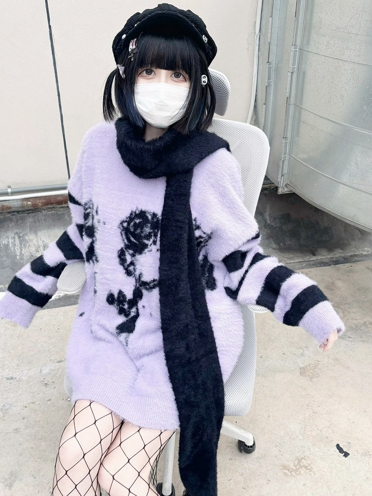 Pattern Sweater and Purple Rose Jirai Striped Oversized Kei Black
