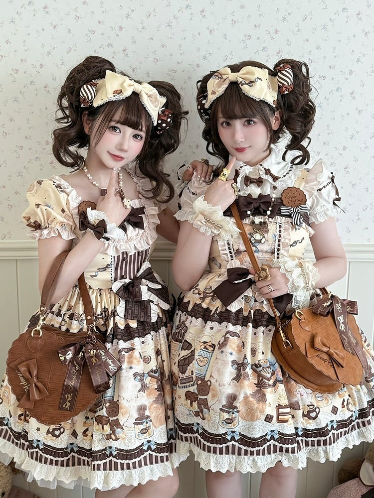 Pattern Accent Heart-shaped Sweet Lolita Style Carry Bag Chocolate Dark Brown - with Bow Triple