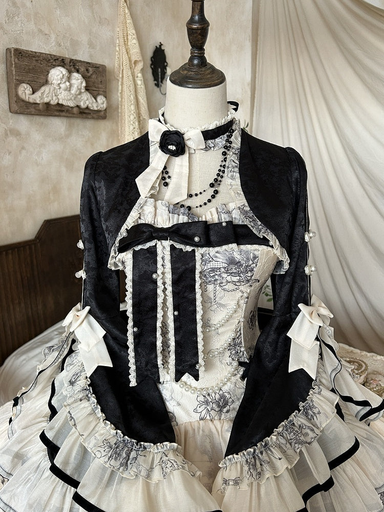 Black Elegant Jacquard Cardigan with White Ruffled Edge - Magic Skirt Cat