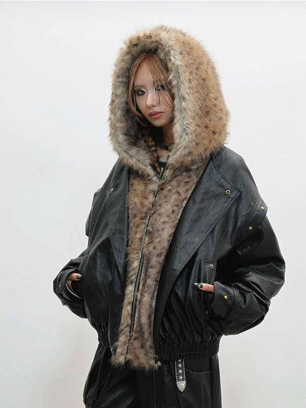 Accent with Jacket - Zip Snap Hooded Style Closure Punk Plush Details Black