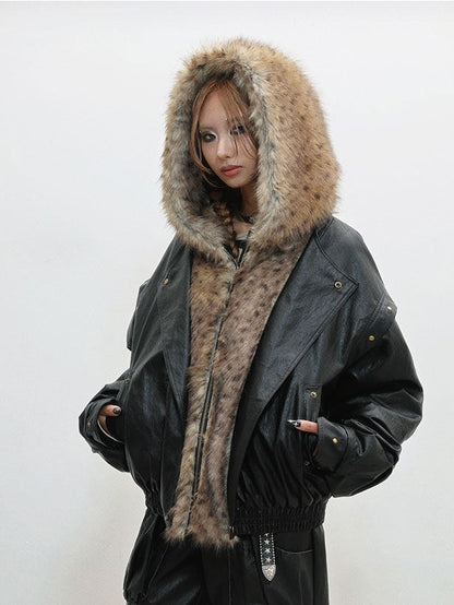 Accent with Jacket - Zip Snap Hooded Style Closure Punk Plush Details Black