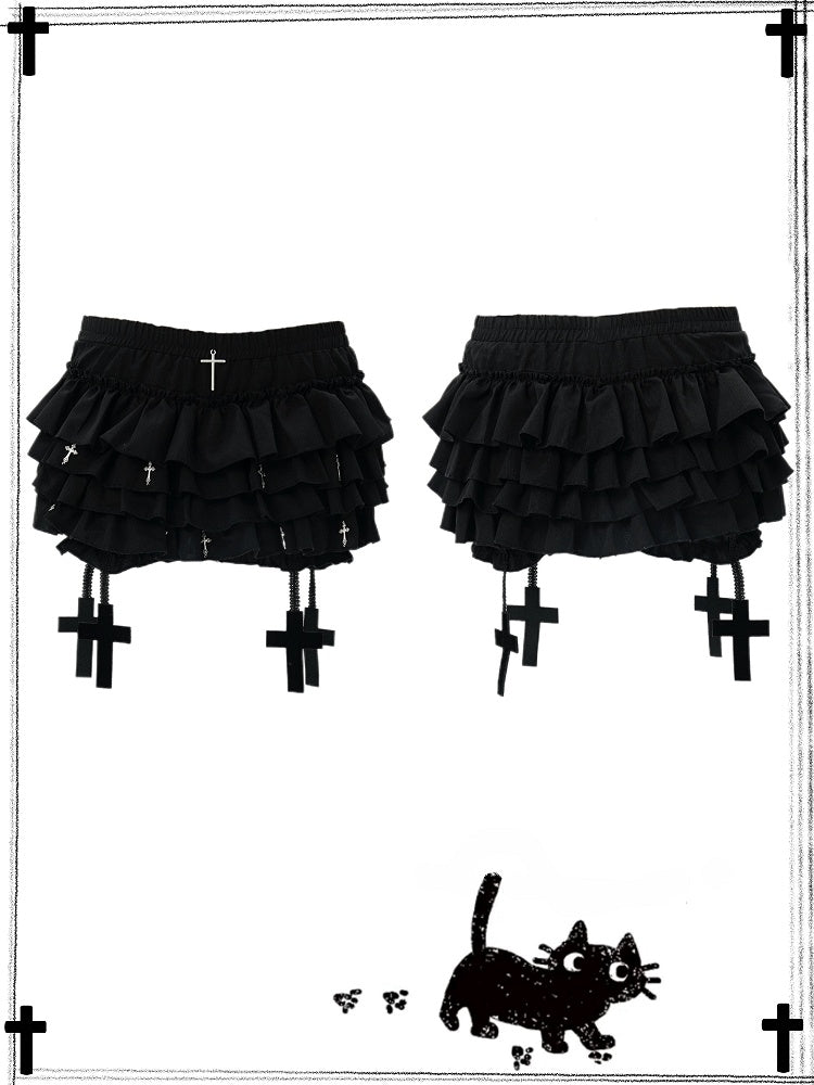 Charms Cross Tiered Built-in Black with Bloomers Mini Skort Gothic