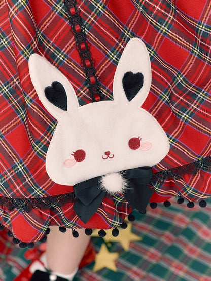 Chirstmas Red Plaid Jumper Skirt with Embroidered Fluffy Bunny Accents