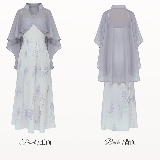 チーパオデザインドレス プラスサイズ チャイナドレススタイル パープルプリント ケープウィステリア