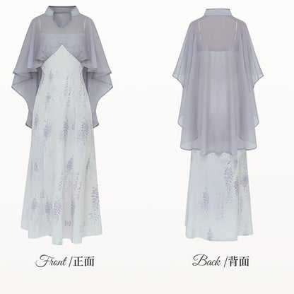 チーパオデザインドレス プラスサイズ チャイナドレススタイル パープルプリント ケープウィステリア