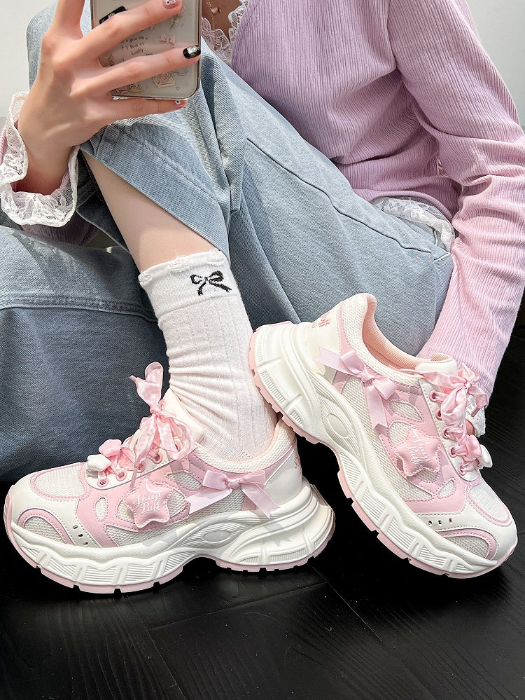 Design - Pink Lolita Platform Sneakers Lace-Up Star with Sweet Accents White Bow Plaid