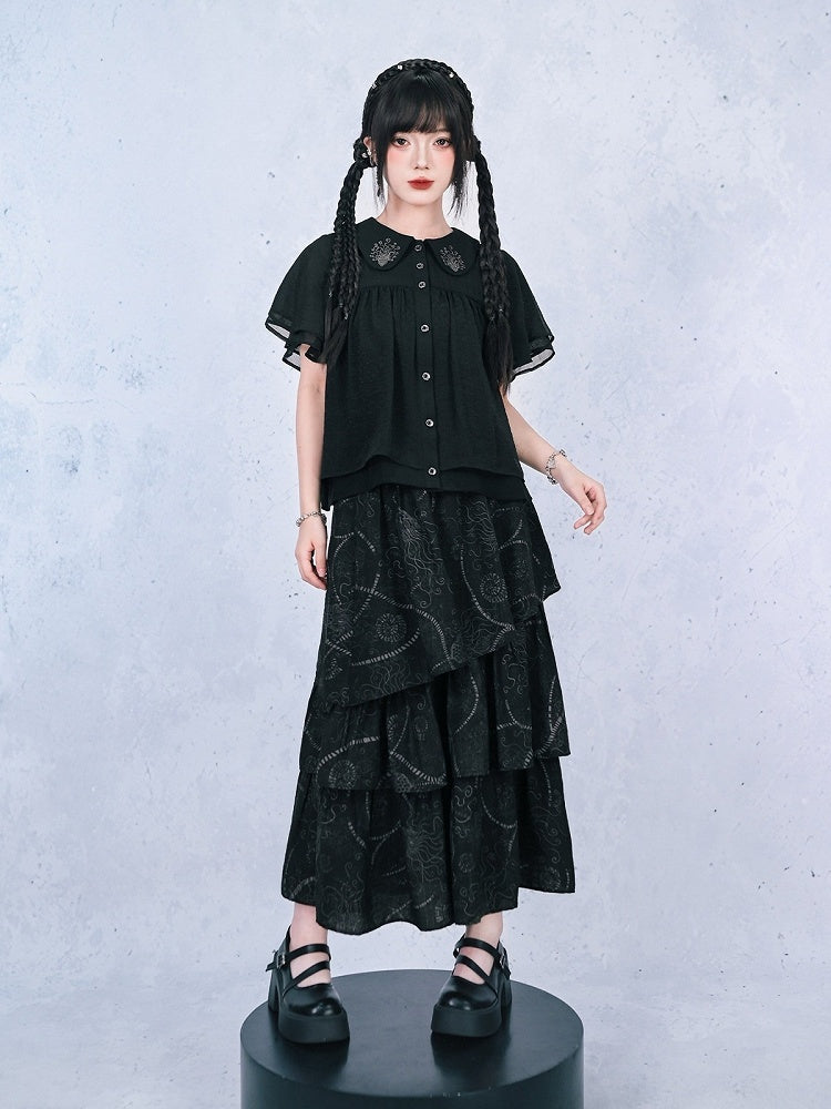Dark Peter Pan Collar Short Sleeve Blouse with Floral Embroidery - Quirky Hut