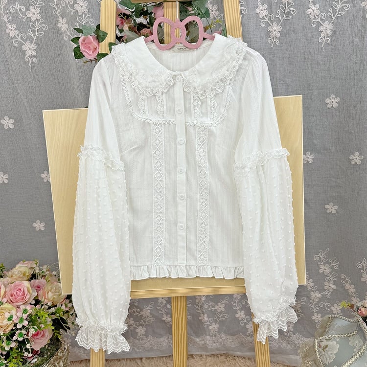 Cotton Jacquard Sleeves Long White Lolita Blouse