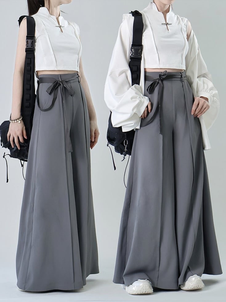 Zipper Grey Style with Back Chinese Belt Set- Wide-leg Pockets Pants Front Waist Slant