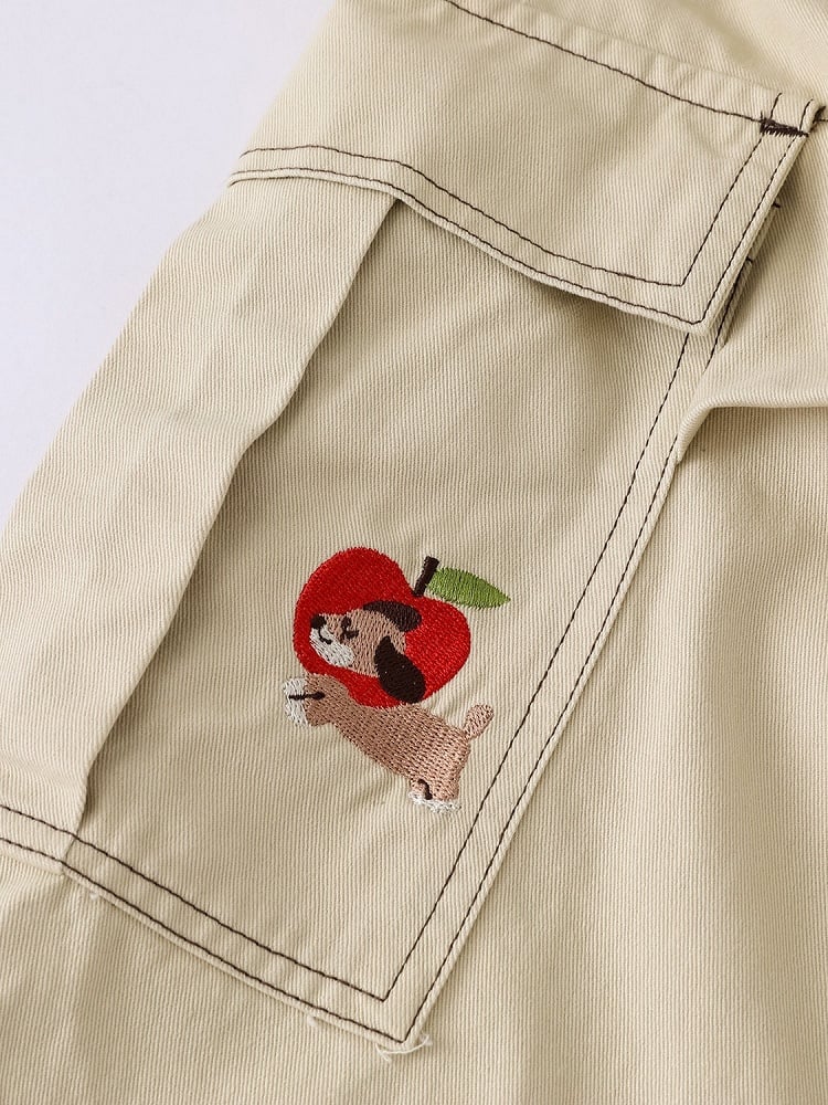 Khaki Cropped Cargo Shorts with Puppy Embroidery - Languid Park