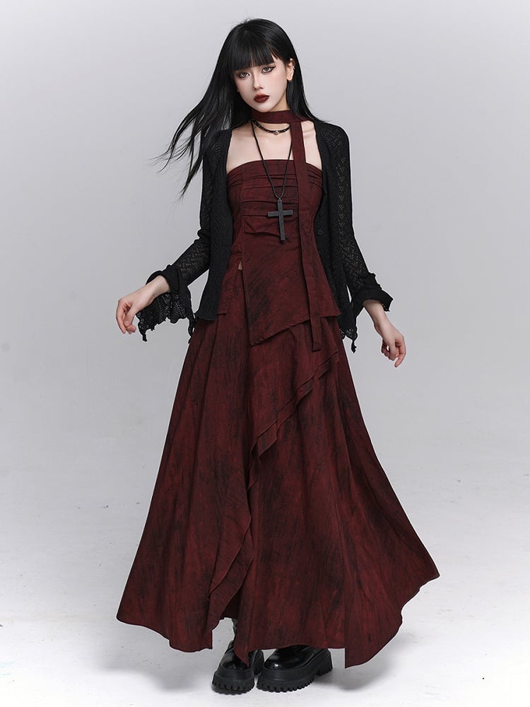 Red Ankle-Length  Gothic Splatter Skirt with Distressed
