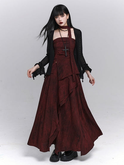 Red Ankle-Length  Gothic Splatter Skirt with Distressed