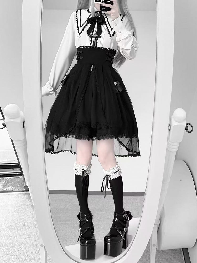 Lace Cross Kei Charm Contrast Long Gothic Pointed Blouse: Jirai Collar Sleeve White Black with