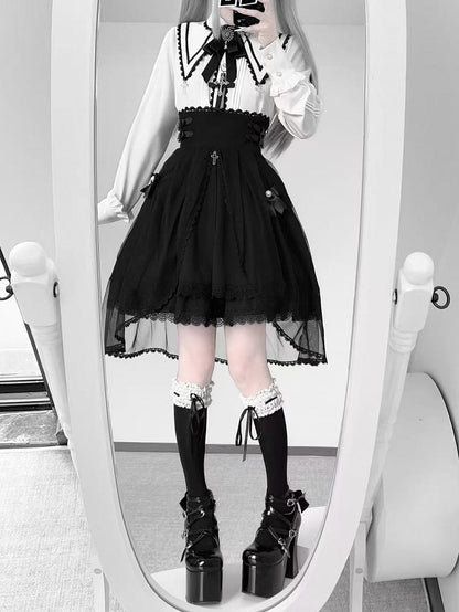 Gothic Jirai Kei Black High-Waist Skirt with Mesh Overlay & Cross Charm