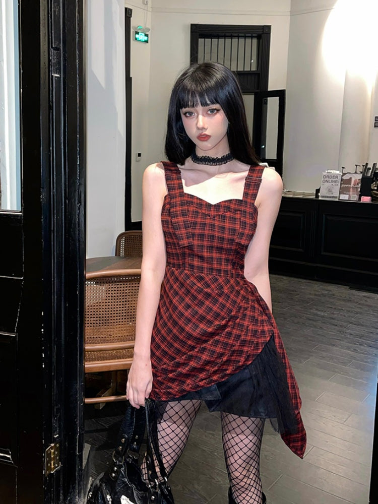 Red & Black Plaid Asymmetrical Hem Slim-fitting Sleeveless Dress