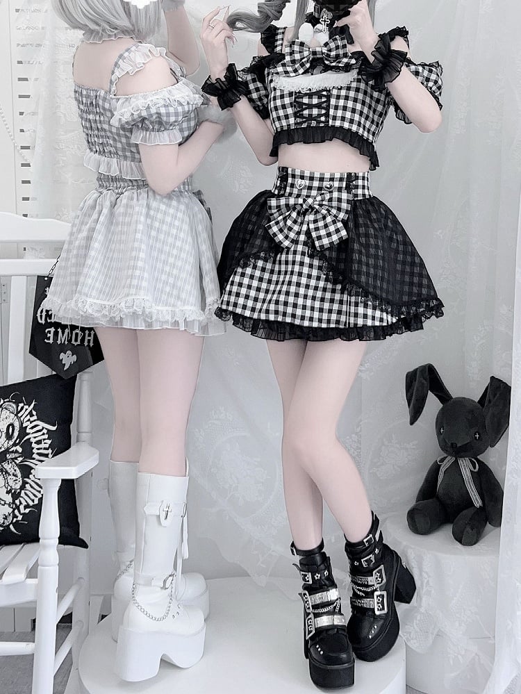 Plaid Idol Design Neckline Bowknot+ Set- Off-the-shoulder Choker High Waist Top Jirai Kei Gray + Bunny Skirt+ Ears