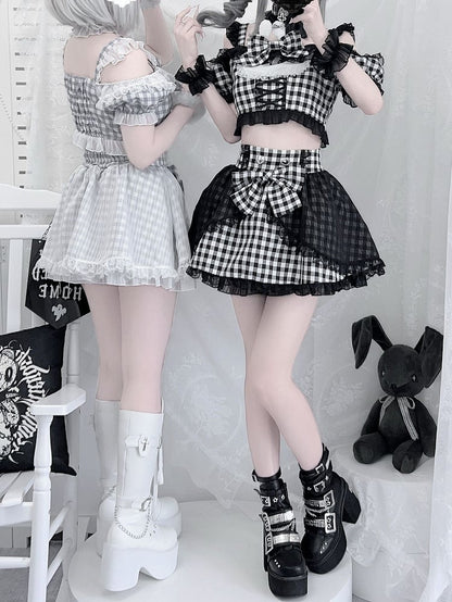 Plaid Idol Design Neckline Bowknot+ Set- Off-the-shoulder Choker High Waist Top Jirai Kei Gray + Bunny Skirt+ Ears