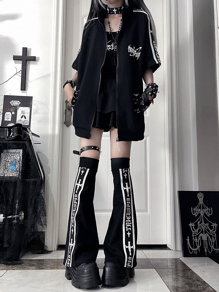 White Jacket Punk Short Sleeve Zip-Up Striped with Cross Sleeves Black Print