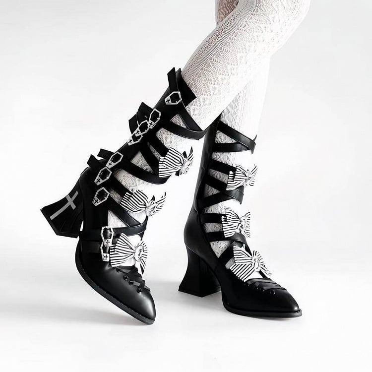 Detachable Striped Bow Gothic Pointed Toe Red Sole Boots with Cross Print - NRose