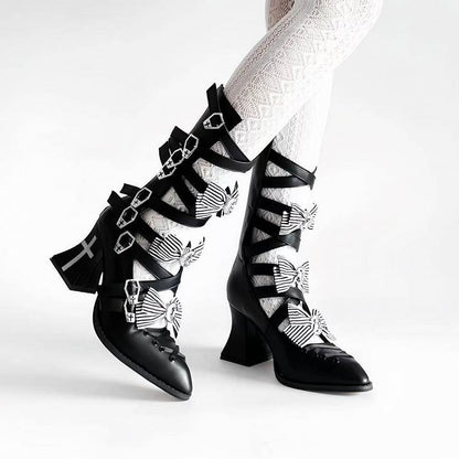 Detachable Striped Bow Gothic Pointed Toe Red Sole Boots with Cross Print - NRose
