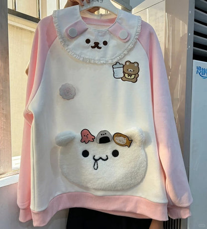 Sweatshirt: Bib Pink White Bear Embroidery