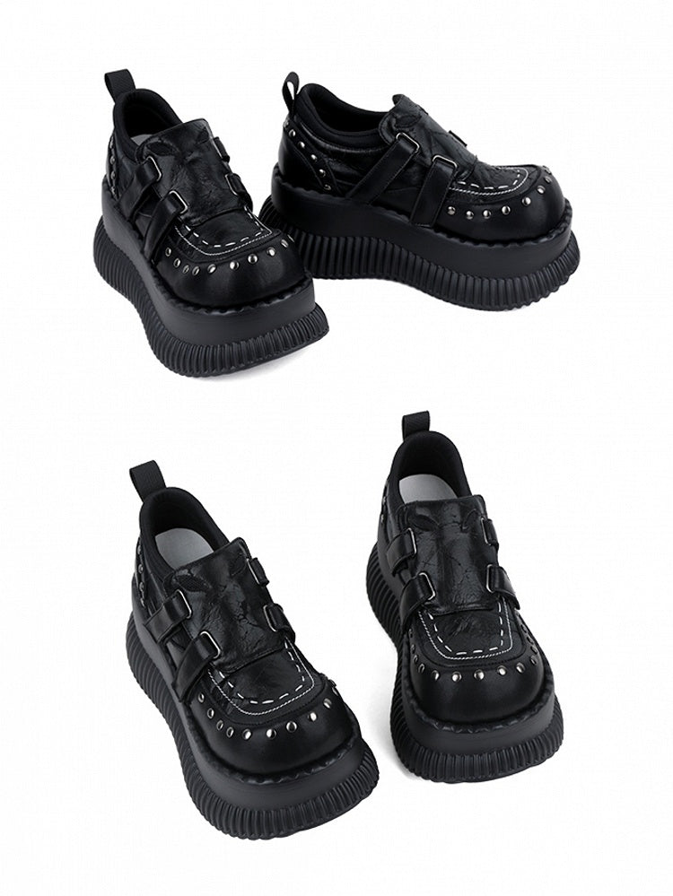 Black Velcro Strap with Design Details Studded Platform Closures - Shoes Punk